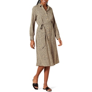 Amazon Essentials Women’s Georgette Long Sleeve Midi Length Shirt Dress(Taupe  Leopard)