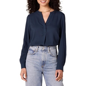 Amazon Essentials Women’s Georgette Long Sleeve Relaxed-Fit Popover Blouse, Business Casual, Dress Blouses for Office Work(Navy)