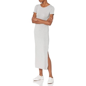 Amazon Essentials Women’s Jersey Standard-Fit Short-Sleeve Crewneck Side Slit Maxi Dress(Grey Heather)