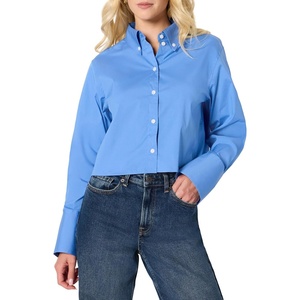 Amazon Essentials Women’s Oversized-Fit Cropped Cotton Stretch Poplin Button-Down Shirt(Blue)