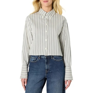 Amazon Essentials Women’s Oversized-Fit Cropped Cotton Stretch Poplin Button-Down Shirt(Ivory Black Stripe)