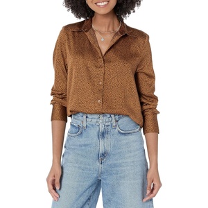 Amazon Essentials Women’s Regular-Fit Long Sleeve Satin Button Down Blouse, Dressy Collared Shirt(Dark Chestnut Brown  Leopard)