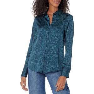 Amazon Essentials Women’s Regular-Fit Long Sleeve Satin Button Down Blouse, Dressy Collared Shirt(Dark Navy Diamond)