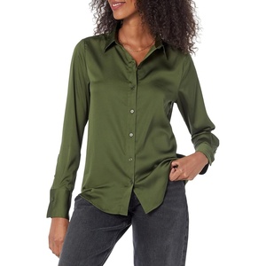 Amazon Essentials Women’s Regular-Fit Long Sleeve Satin Button Down Blouse, Dressy Collared Shirt(Dark Olive)