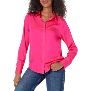 Amazon Essentials Women’s Regular-Fit Long Sleeve Satin Button Down Blouse, Dressy Collared Shirt(Neon Pink)
