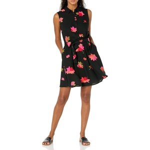 Amazon Essentials Women’s Sleeveless Summer Shirtdress, Relaxed-Fit Woven Lightweight Dress, Knee Length(Black Pink Flowers)