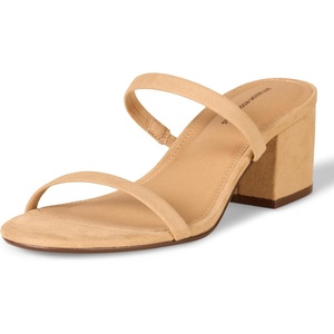Amazon Essentials Women’s Thin Two Strap Block Heel Sandals with Memory Foam Insole, Non-Slip(Tan)
