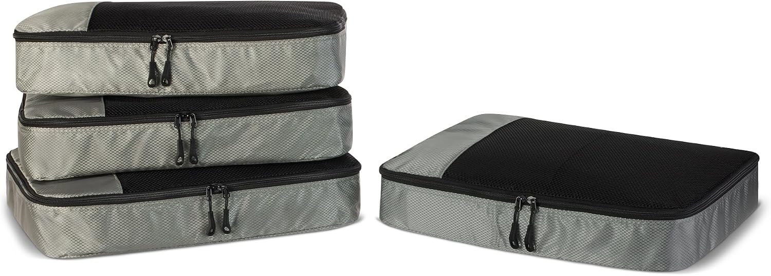 image:imageAmazon Essentials 4Piece SpaceSaving Packing Cubes Travel Accessories Set Suitcase Organizer with Double Zipper Mesh Top Small Sky Blue Previously Amazon BasicsGray