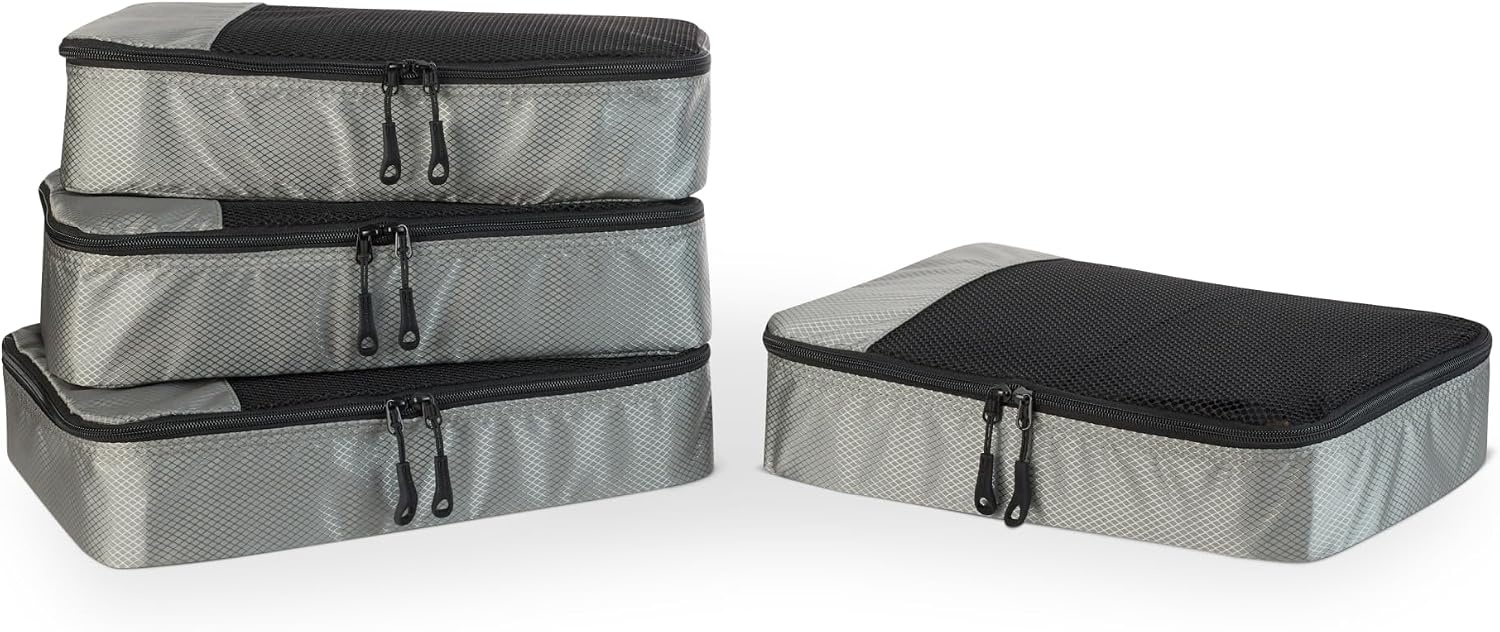 image:imageAmazon Essentials 4Piece SpaceSaving Packing Cubes Travel Accessories Set Suitcase Organizer with Double Zipper Mesh Top Small Sky Blue Previously Amazon BasicsGray
