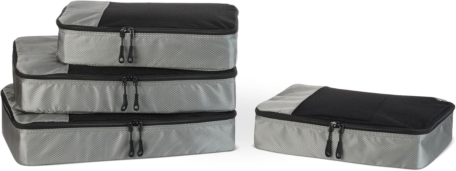 image:imageAmazon Essentials 4Piece SpaceSaving Packing Cubes Travel Accessories Set Suitcase Organizer with Double Zipper Mesh Top Small Sky Blue Previously Amazon BasicsGray