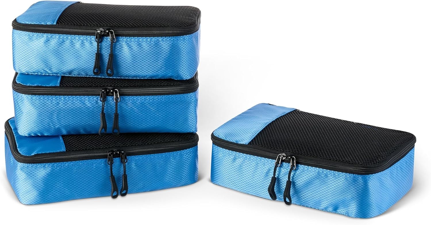 image:imageAmazon Essentials 4Piece SpaceSaving Packing Cubes Travel Accessories Set Suitcase Organizer with Double Zipper Mesh Top Small Sky Blue Previously Amazon BasicsSky Blue