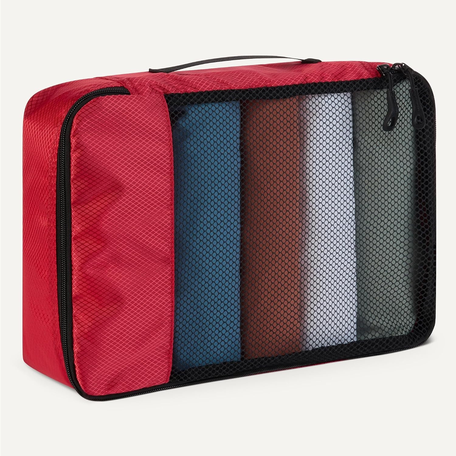 image:imageAmazon Essentials 4Piece SpaceSaving Packing Cubes Travel Accessories Set Suitcase Organizer with Double Zipper Mesh Top Small Sky Blue Previously Amazon BasicsRed