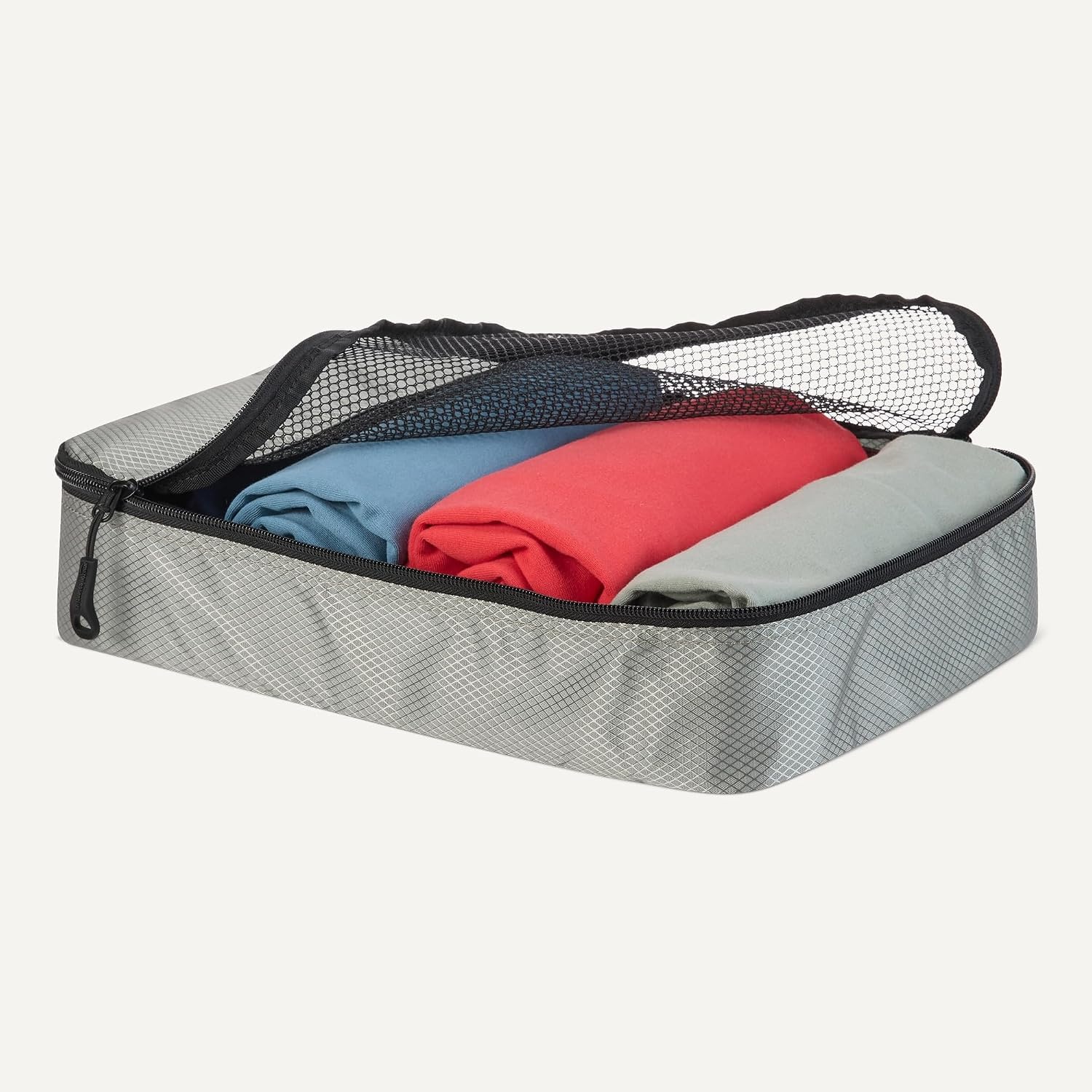 image:imageAmazon Essentials 4Piece SpaceSaving Packing Cubes Travel Accessories Set Suitcase Organizer with Double Zipper Mesh Top Small Sky Blue Previously Amazon BasicsGray