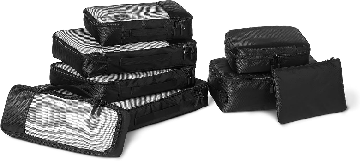 image:imageAmazon Essentials 4Piece SpaceSaving Packing Cubes Travel Accessories Set Suitcase Organizer with Double Zipper Mesh Top Small Sky Blue Previously Amazon BasicsBlack