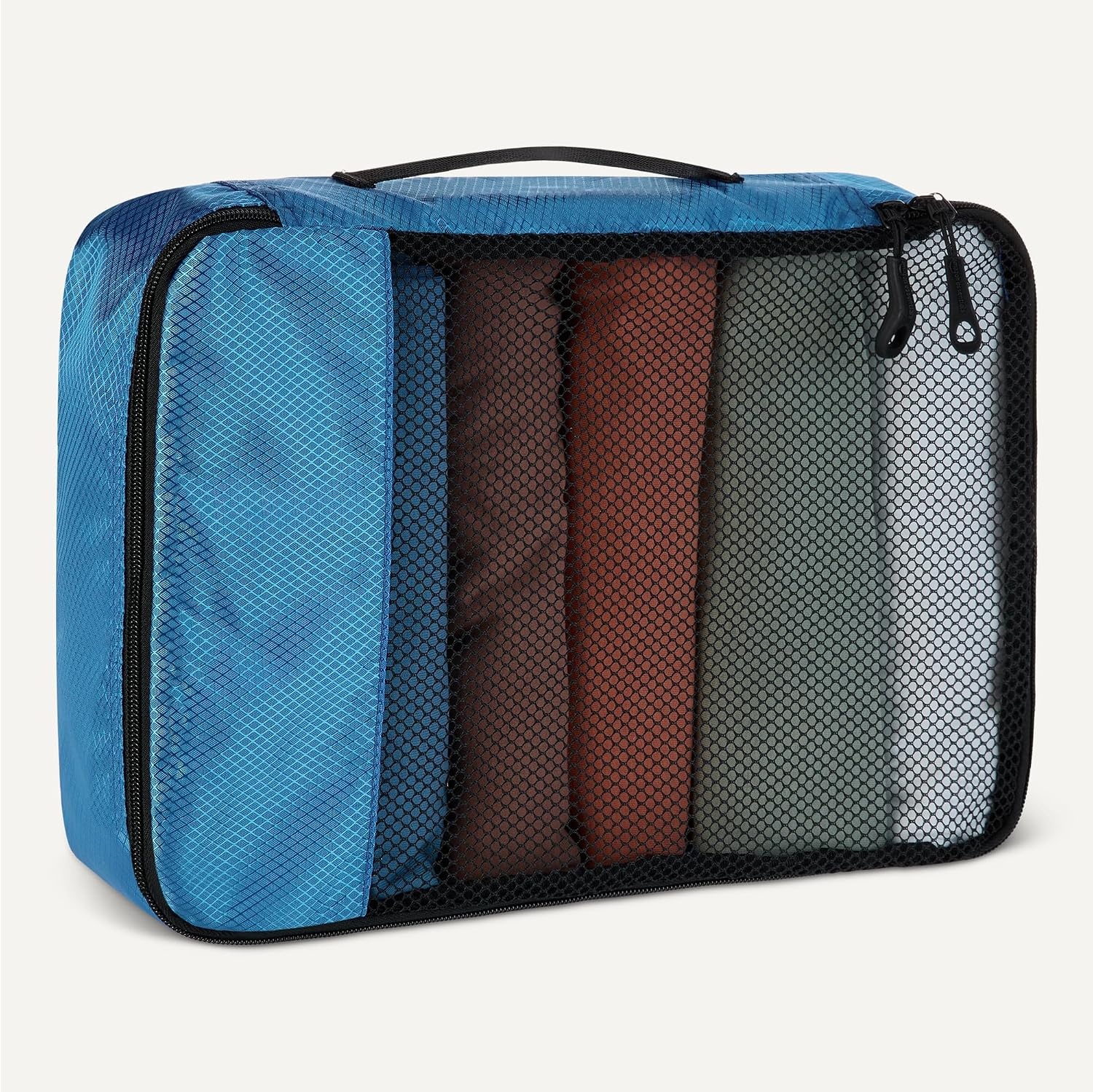 image:imageAmazon Essentials 4Piece SpaceSaving Packing Cubes Travel Accessories Set Suitcase Organizer with Double Zipper Mesh Top Small Sky Blue Previously Amazon BasicsSky Blue
