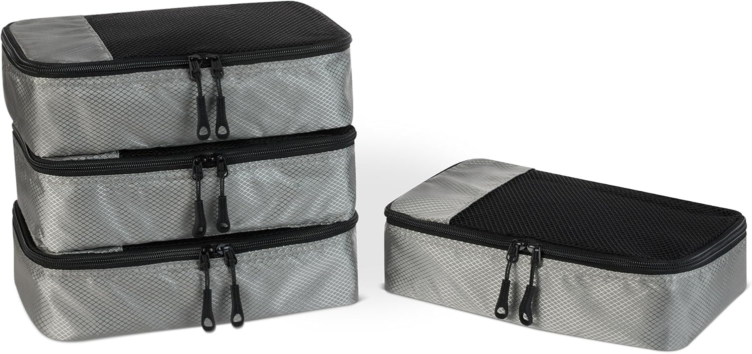 image:imageAmazon Essentials 4Piece SpaceSaving Packing Cubes Travel Accessories Set Suitcase Organizer with Double Zipper Mesh Top Small Sky Blue Previously Amazon BasicsGray