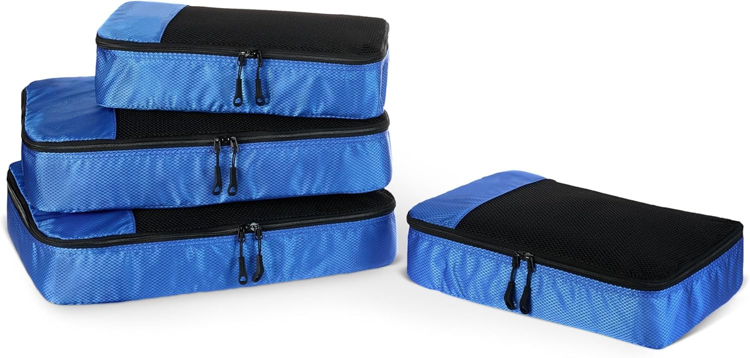 image:imageAmazon Essentials 4Piece SpaceSaving Packing Cubes Travel Accessories Set Suitcase Organizer with Double Zipper Mesh Top Small Sky Blue Previously Amazon BasicsBlue