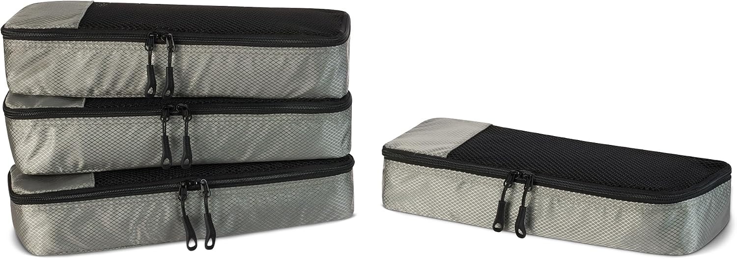 image:imageAmazon Essentials 4Piece SpaceSaving Packing Cubes Travel Accessories Set Suitcase Organizer with Double Zipper Mesh Top Small Sky Blue Previously Amazon BasicsGray