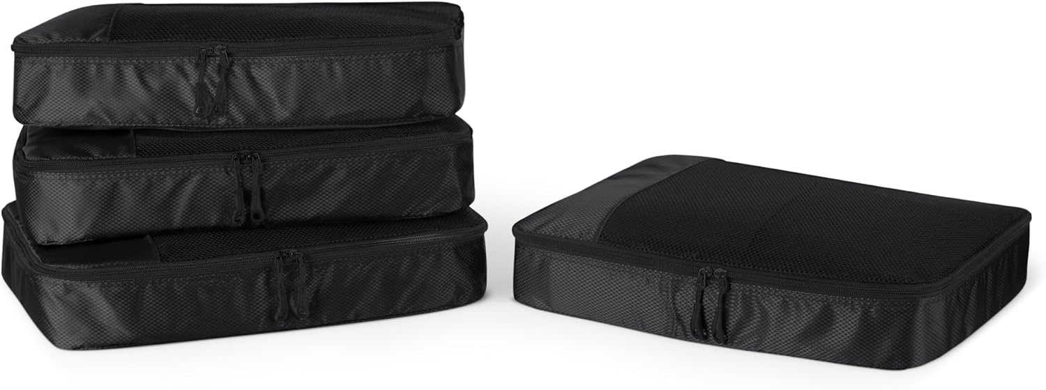 image:imageAmazon Essentials 4Piece SpaceSaving Packing Cubes Travel Accessories Set Suitcase Organizer with Double Zipper Mesh Top Small Sky Blue Previously Amazon BasicsBlack