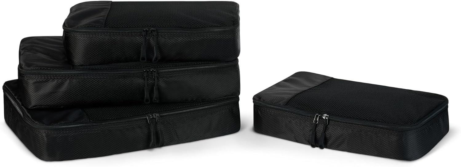 image:imageAmazon Essentials 4Piece SpaceSaving Packing Cubes Travel Accessories Set Suitcase Organizer with Double Zipper Mesh Top Small Sky Blue Previously Amazon BasicsBlack