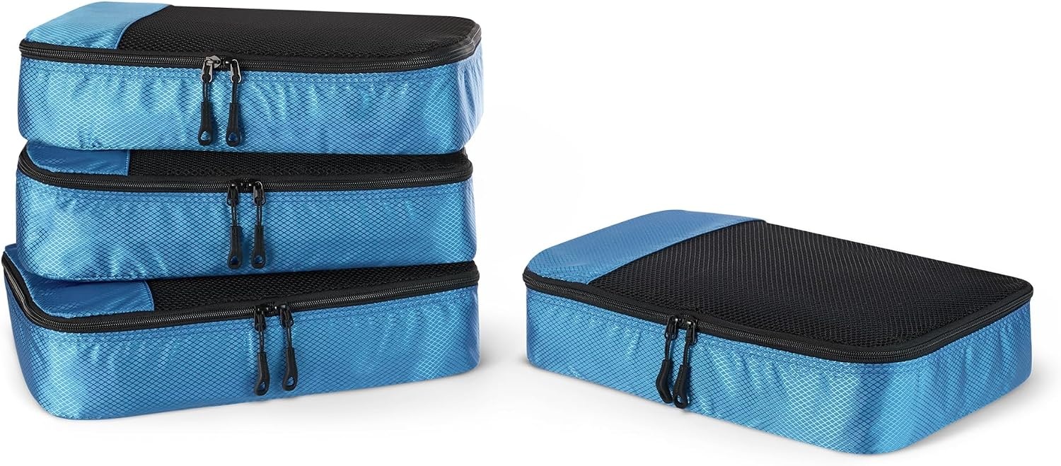 image:imageAmazon Essentials 4Piece SpaceSaving Packing Cubes Travel Accessories Set Suitcase Organizer with Double Zipper Mesh Top Small Sky Blue Previously Amazon BasicsSky Blue