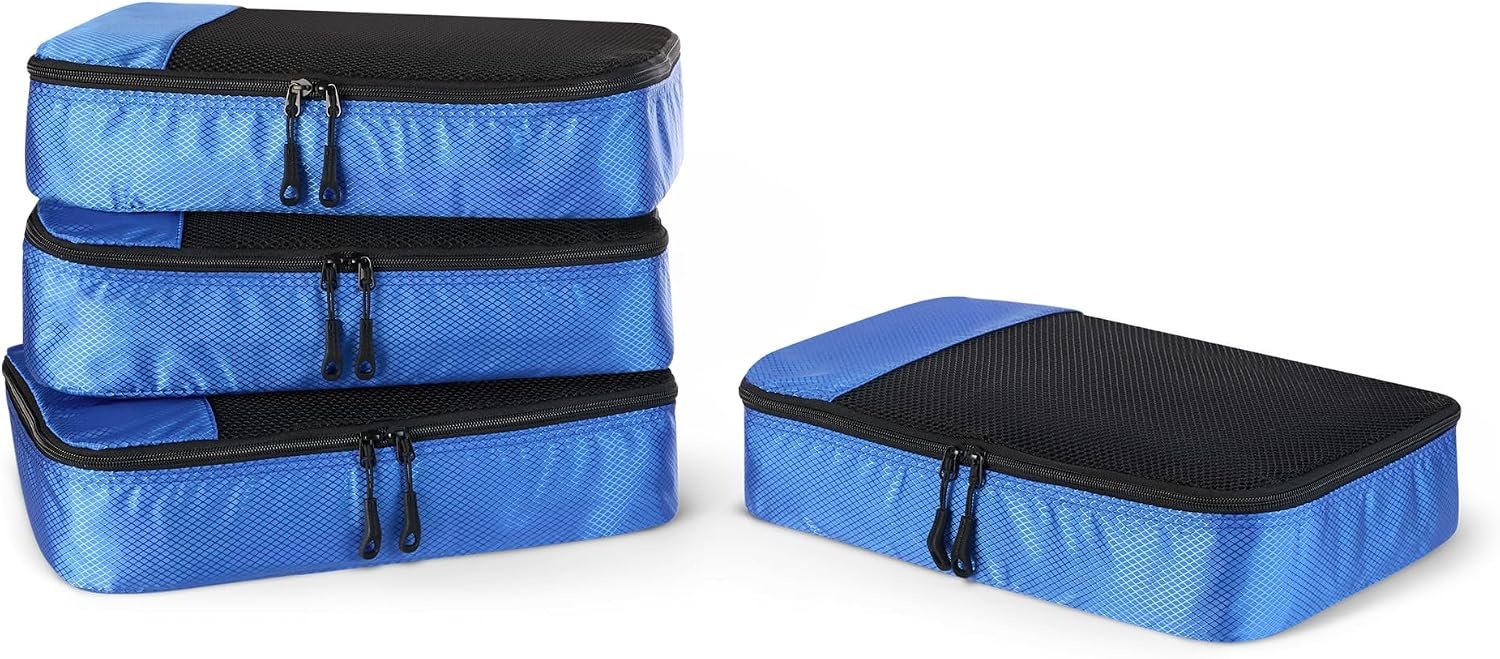 image:imageAmazon Essentials 4Piece SpaceSaving Packing Cubes Travel Accessories Set Suitcase Organizer with Double Zipper Mesh Top Small Sky Blue Previously Amazon BasicsBlue