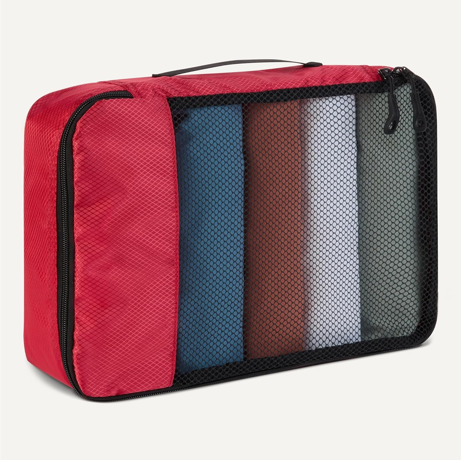 image:imageAmazon Essentials 4Piece SpaceSaving Packing Cubes Travel Accessories Set Suitcase Organizer with Double Zipper Mesh Top Small Sky Blue Previously Amazon BasicsRed