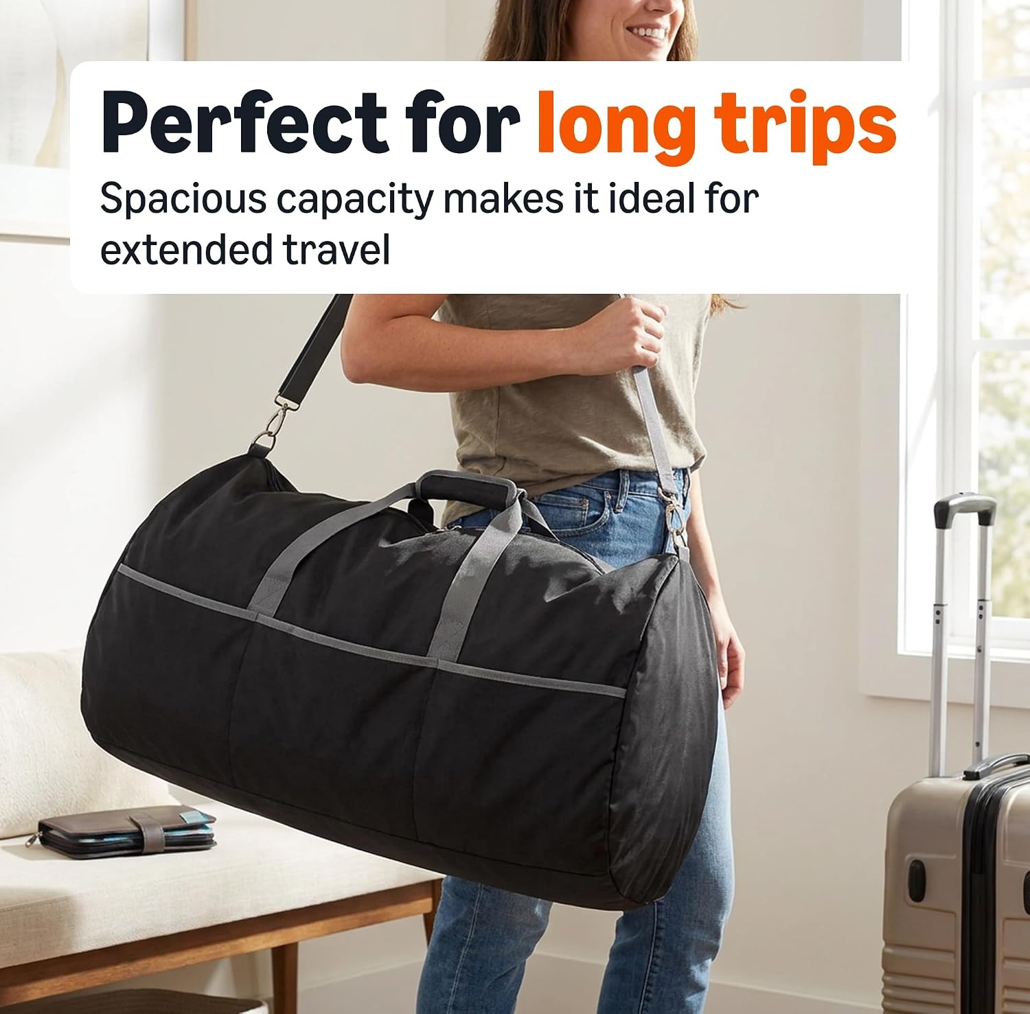 image:imageAmazon Essentials Extra Large Foldable Nylon Duffel Bag for TravelStorage with Zippered Pockets 324 150L 50LBS Capacity Red Previously Amazon BasicsBlack