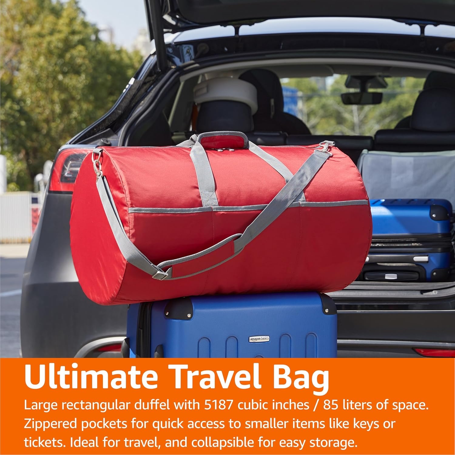 image:imageAmazon Essentials Extra Large Foldable Nylon Duffel Bag for TravelStorage with Zippered Pockets 324 150L 50LBS Capacity Red Previously Amazon BasicsRed