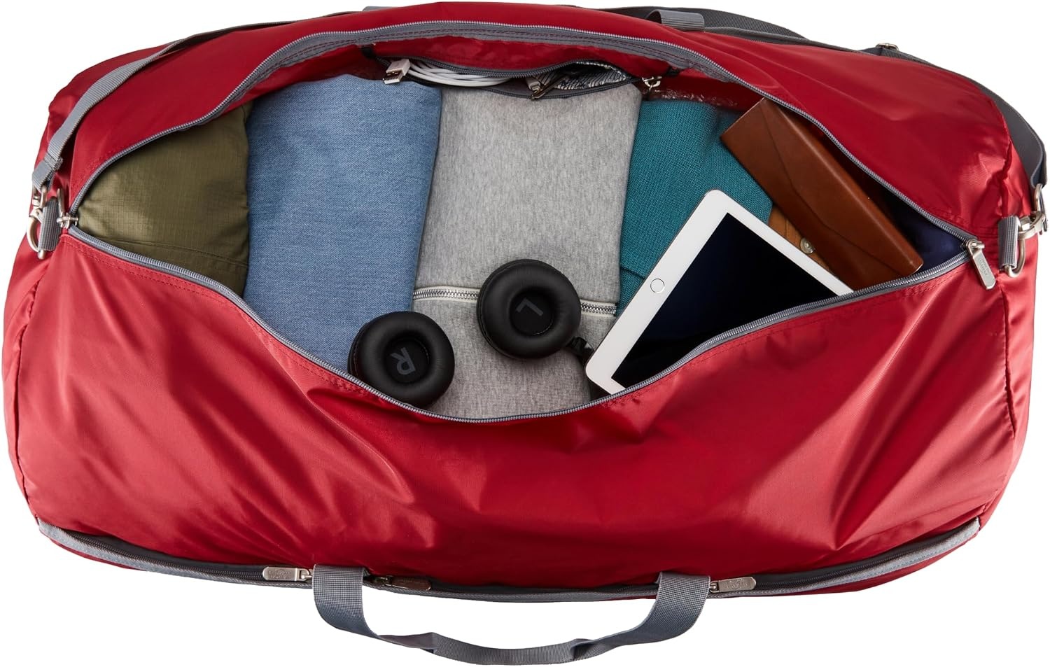 image:imageAmazon Essentials Extra Large Foldable Nylon Duffel Bag for TravelStorage with Zippered Pockets 324 150L 50LBS Capacity Red Previously Amazon BasicsRed