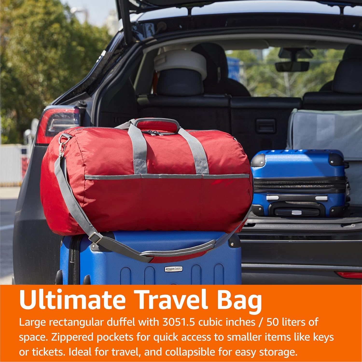 image:imageAmazon Essentials Extra Large Foldable Nylon Duffel Bag for TravelStorage with Zippered Pockets 324 150L 50LBS Capacity Red Previously Amazon BasicsRed