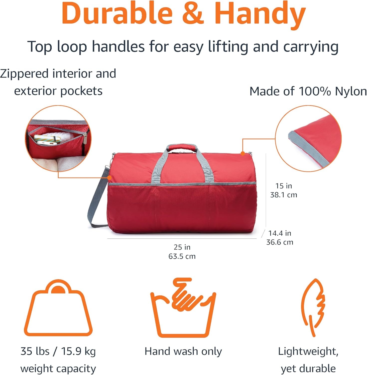 image:imageAmazon Essentials Extra Large Foldable Nylon Duffel Bag for TravelStorage with Zippered Pockets 324 150L 50LBS Capacity Red Previously Amazon BasicsRed
