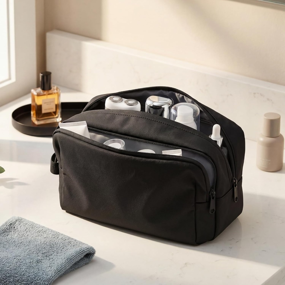 image:imageAmazon Essentials Large Travel Toiletry Bag Dopp Kit 102 L x 47 W x 59 H Multiple Pockets HighGrade Fabric Black