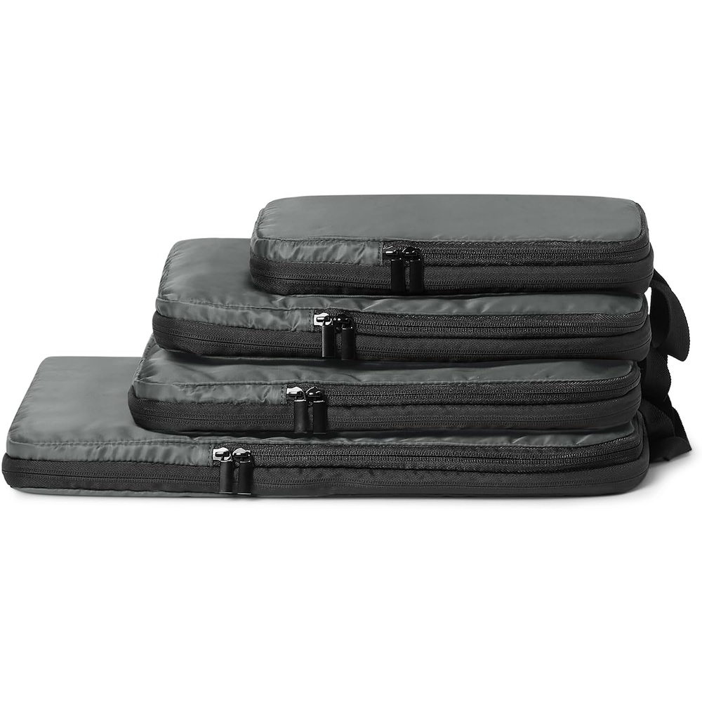 image:imageAmazon Essentials Ultralight Compression Packing Cubes Recycled Fabric 2 Zippers 4Pack Grey for Suitcases or Backpacks
