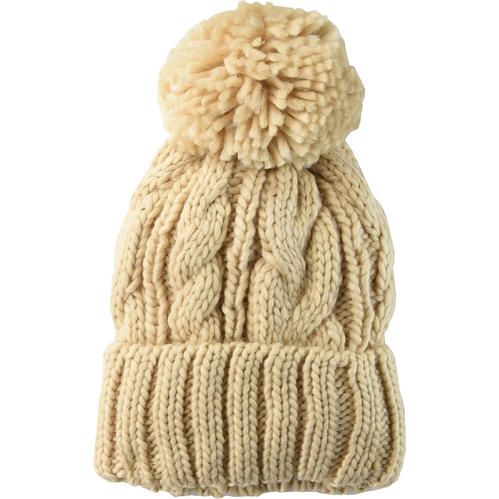 image:imageAmazon Essentials Womens Chunky Cable Beanie with Yarn PomWarm Beige