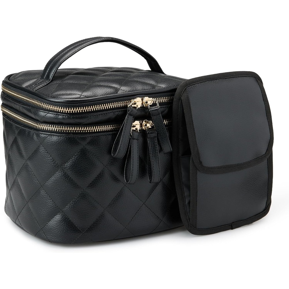 image:imageAmazon Essentials Womens Quilted Makeup Bag with Brush Storage Blue Floral One SizeBlack Faux Leather