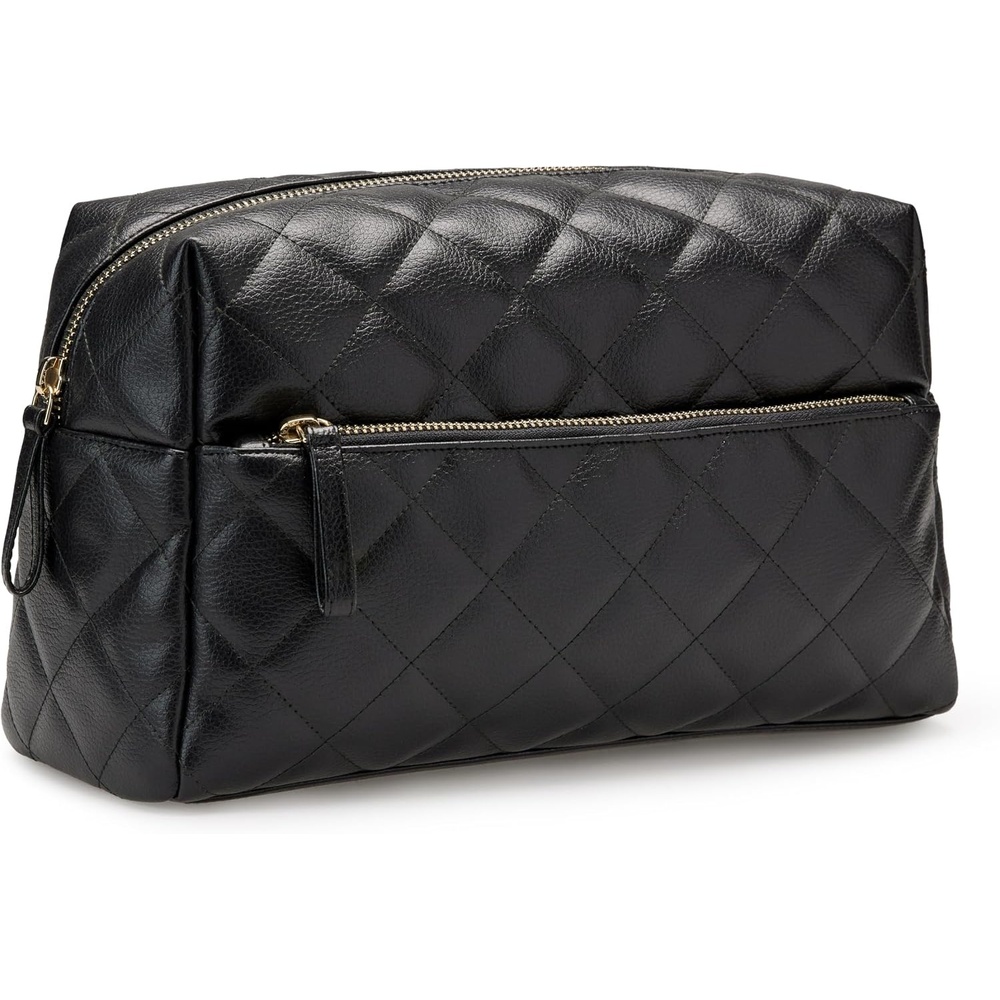 image:imageAmazon Essentials Womens Quilted Travel Makeup Bag with Mesh Compartments Black Faux Leather One SizeBlack Faux Leather