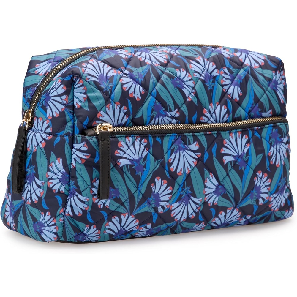 image:imageAmazon Essentials Womens Quilted Travel Makeup Bag with Mesh Compartments Black Faux Leather One SizeBlue Floral