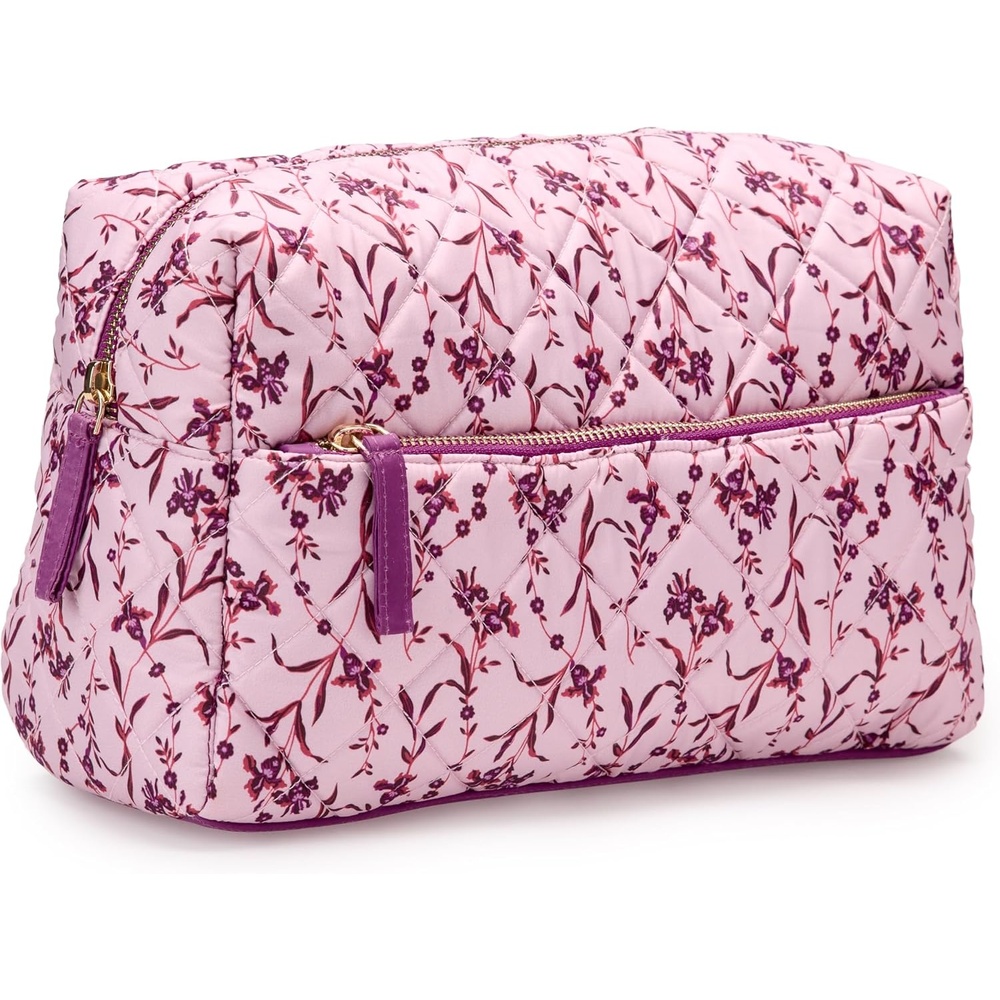 image:imageAmazon Essentials Womens Quilted Travel Makeup Bag with Mesh Compartments Black Faux Leather One SizePink Floral