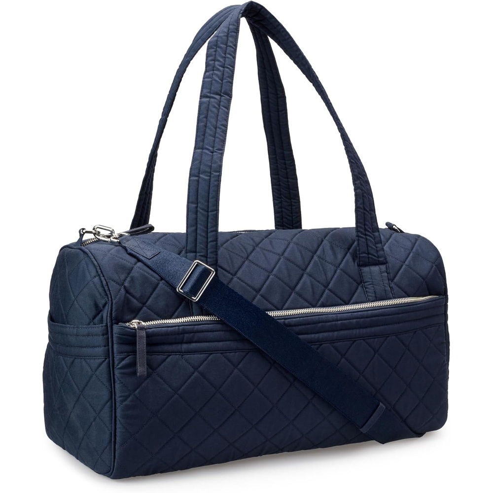 image:imageAmazon Essentials Womens Quilted Weekender Duffel Gym Bag with Trolley Sleeve Navy Paisley One SizeNavy