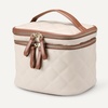 Amazon Essentials Women’s Quilted Makeup Bag with Brush Storage, Blue Floral, One Size(Ivory Faux Leather)