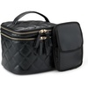 Amazon Essentials Women’s Quilted Makeup Bag with Brush Storage, Blue Floral, One Size(Black Faux Leather)