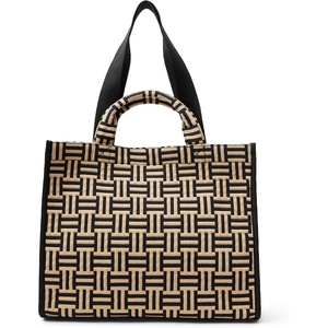 Amazon Essentials Women’s Jacquard Tote Bag, Navy Floral, One Size(Tan Geo)