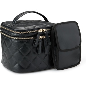 Amazon Essentials Women’s Quilted Makeup Bag with Brush Storage, Blue Floral, One Size(Black Faux Leather)