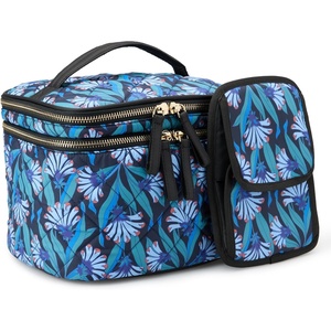 Amazon Essentials Women’s Quilted Makeup Bag with Brush Storage, Blue Floral, One Size(Blue Floral)