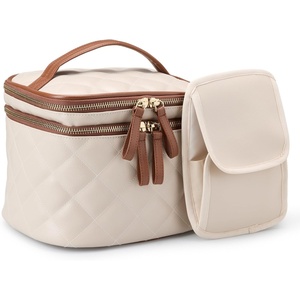 Amazon Essentials Women’s Quilted Makeup Bag with Brush Storage, Blue Floral, One Size(Ivory Faux Leather)