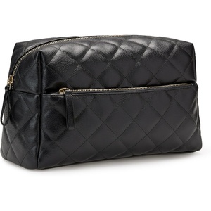 Amazon Essentials Women’s Quilted Travel Makeup Bag with Mesh Compartments, Black Faux Leather, One Size(Black Faux Leather)