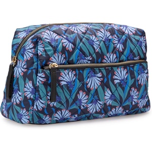 Amazon Essentials Women’s Quilted Travel Makeup Bag with Mesh Compartments, Black Faux Leather, One Size(Blue Floral)