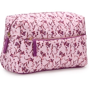 Amazon Essentials Women’s Quilted Travel Makeup Bag with Mesh Compartments, Black Faux Leather, One Size(Pink Floral)