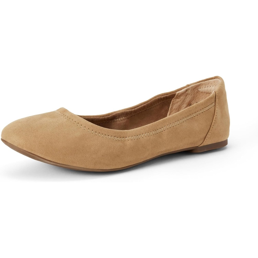 image:imageAmazon Essentials Womens Comfortable Round Toe Ballet Flats Cushioned Memory FoamTan Microsuede